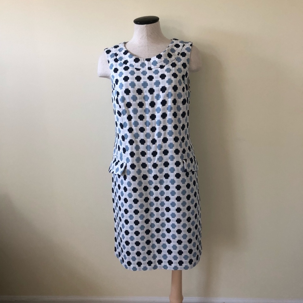 Boden White Dress with Navy and Light Blue Floral Dots